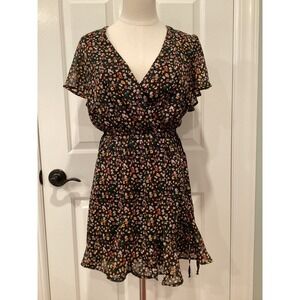 Francescas Floral V-Neck Mini Dress Black Multi Flutter Sleeve Ruffle - Small